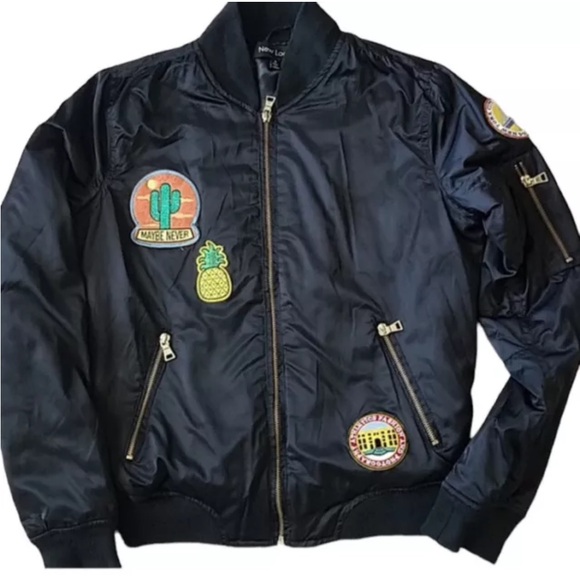 Y2K Bomber Jacket L Black Satiny Full Zip  Patches 42” Bust - Picture 1 of 10